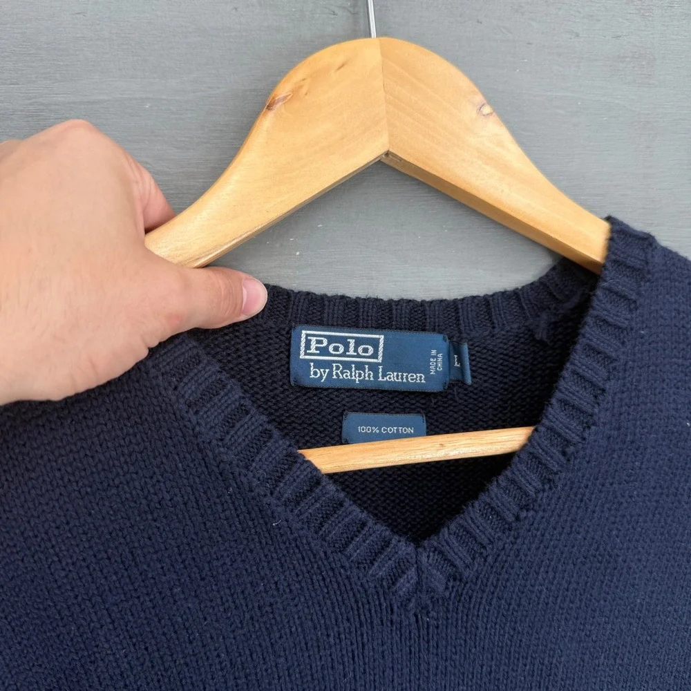 Polo Ralph Lauren Chunky‎ Sweater Vest Navy Blue Cotton V-Neck Red Pony Large